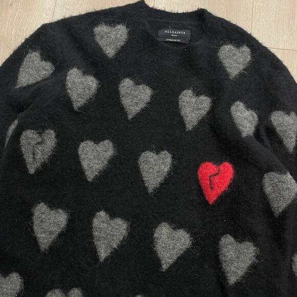 all saints  amore heart print crewneck sweater black/ grey size Small S B4 - Picture 2 of 6